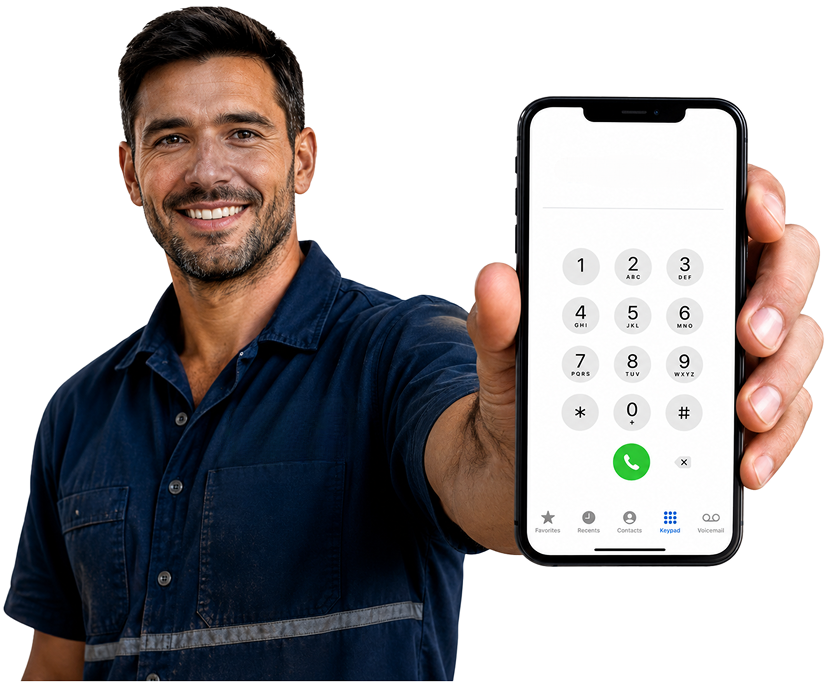 Westleigh Blocked Drains plumber holding a phone — call 1300 261 965
