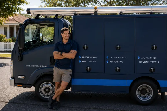 Our plumber with the service van on a Westleigh job