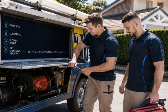 Two plumbers working on a blocked drain in Westleigh