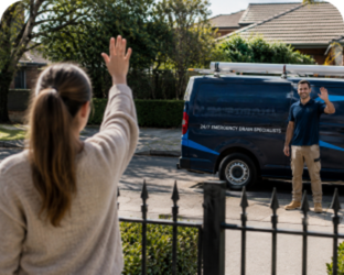 Customer waving goodbye to a Westleigh Blocked Drains plumber
